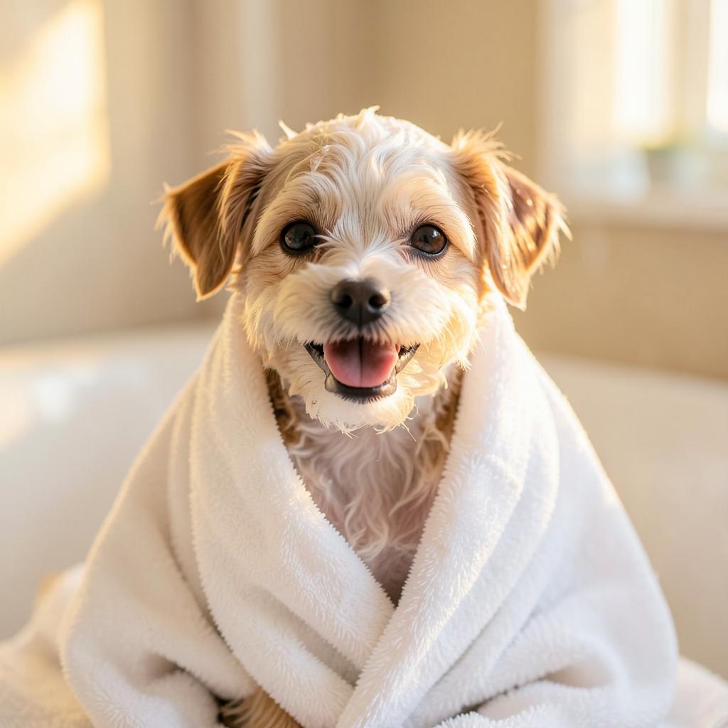 Cachorro enrolado na toalha depois do banho