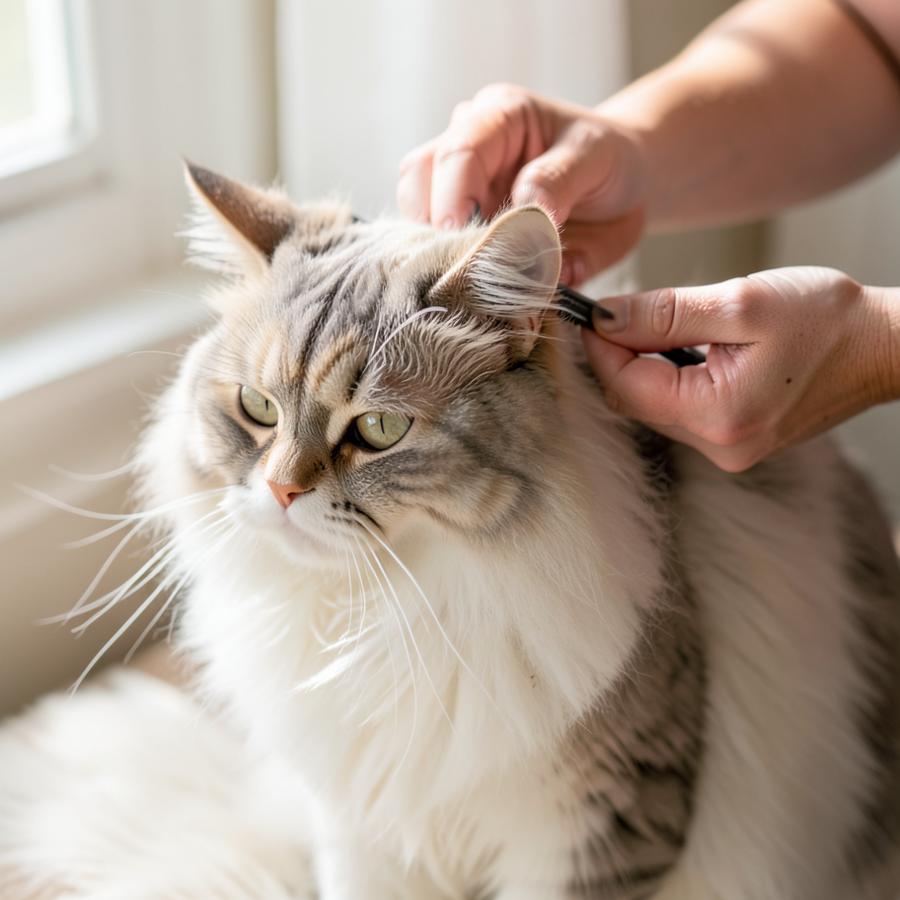 Gato sendo escovado com cuidado