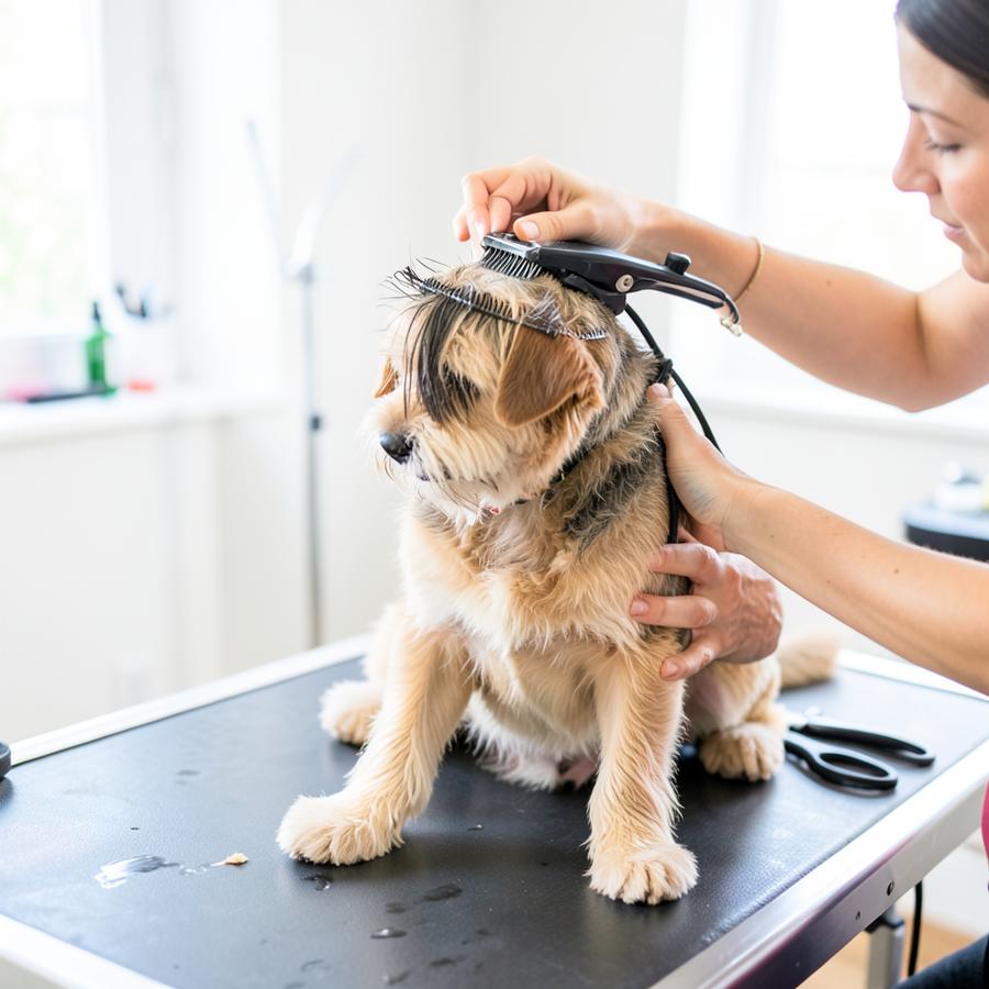 Cachorro durante a tosa na mesa de atendimento