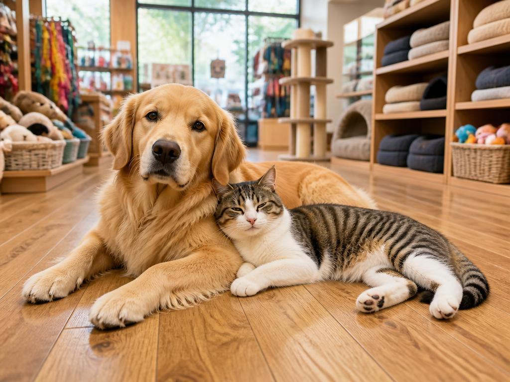Cachorro e gato descansando no pet shop